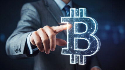 Confident businessman interacting with glowing Bitcoin symbol on futuristic digital interface, embracing blockchain innovation and financial technology.