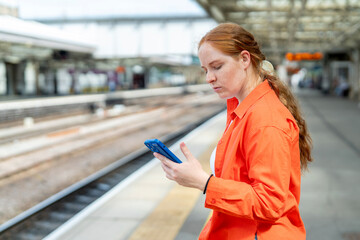 Young woman checks her phone while waiting for a train at a busy railway station during the daytime