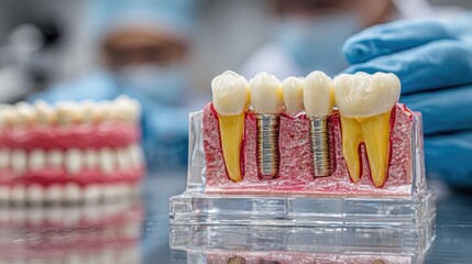 Dentist displays model of teeth and dental implant in a dental clinic to explain procedures