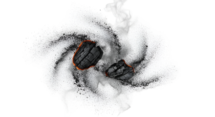 Dark burnt ash floating in the air, thick particles spreading, realistic isolated PNG with white background, smoky burnt effect