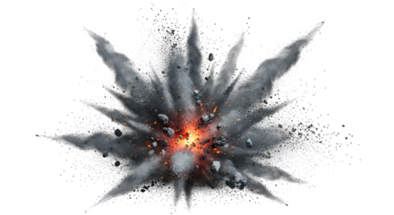 Dark burnt ash floating in the air, thick particles spreading, realistic isolated PNG with white background, smoky burnt effect
