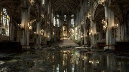 Ornate cathedral interior with flooded floor and grand altar abandoned