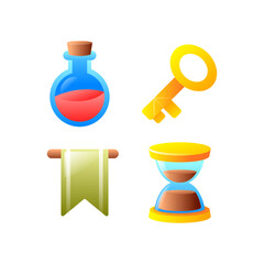 Set of Cartoon Icons Potion, Key, Banner, and Hourglass - Digital Game Elements