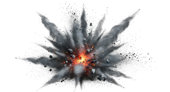 Dark burnt ash floating in the air, thick particles spreading, realistic isolated PNG with white background, smoky burnt effect