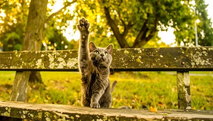 Playful cat on park bench
