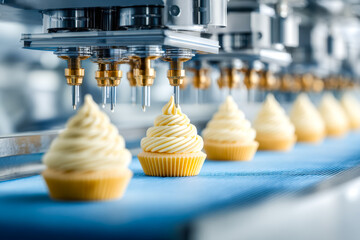 Automated cupcake production in a modern bakery factory