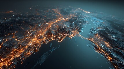 A cityscape at night, illuminated by city lights, with a river flowing through the foreground and mountains in the background. 