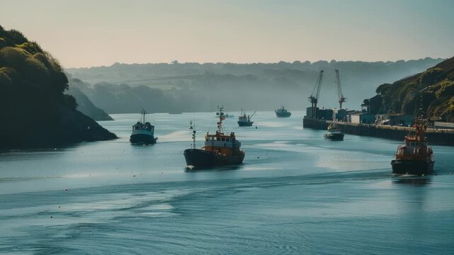 A group of boats floating on the surface of the lake, perfect for illustrations and designs related to recreation, leisure, or aquatic activities