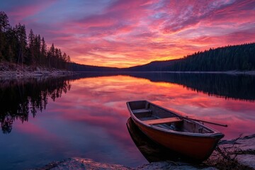 Serene Lake Sunset: Boat, Reflections, and Vibrant Sky