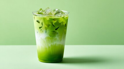 Iced matcha latte recipe healthy green tea drink with milk and ice cubes refreshing summer beverage drink