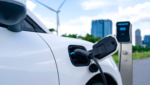 White electric vehicle charging at modern urban charging station, clean energy, sustainable transportation, eco-friendly technology, renewable resources, wind turbines in background. - Powered by Adobe