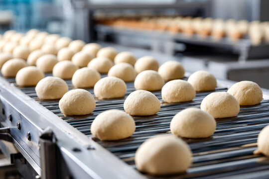 Freshly made bread dough balls on a conveyor belt in a bakery production line