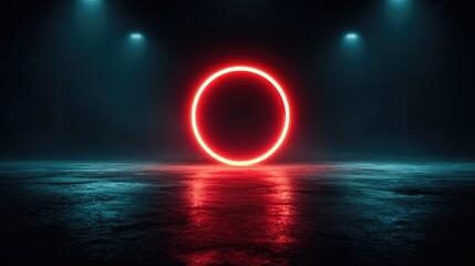 Red neon circle in dark, misty space
