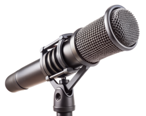 A professional studio microphone on a stand, isolated on a transparent background