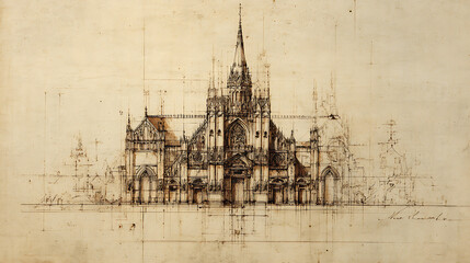 Ornate gothic cathedral architectural sketch with intricate details and construction lines detailed drawing