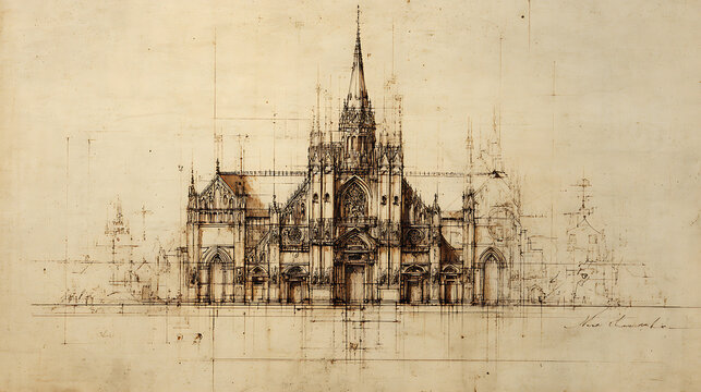 Ornate gothic cathedral architectural sketch with intricate details and construction lines detailed drawing