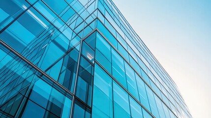 Modern glass facade of an office building with reflections on a clear day.