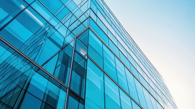 Modern glass facade of an office building with reflections on a clear day.