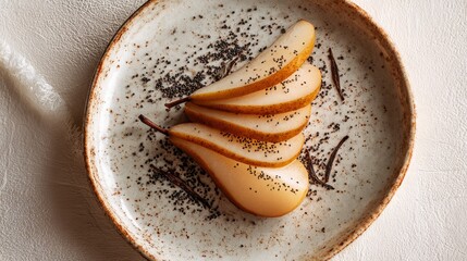 Caramelized pear slices with vanilla bean specks on ceramic plate