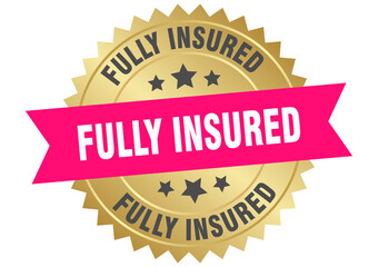 fully insured. fully insured round pink and gold label isolated on transparent background