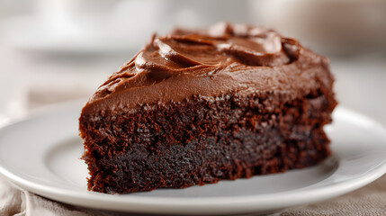 Chocolate Cake Slice: Decadent dessert with rich frosting on a pristine white plate, close-up macro shot.