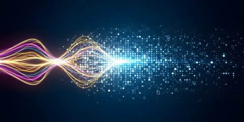 Abstract digital waveform transforming into binary data stream