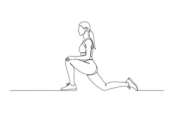 Continuous Line Drawing of young woman doing lunge exercise isolated on white background for fitness and wellness concept design