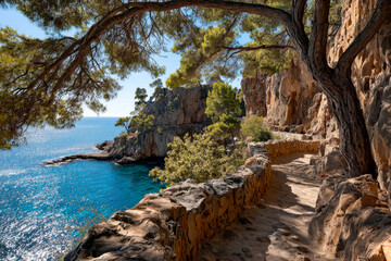 Scenic coastal trail with rocky cliffs and lush trees overlooking the ocean