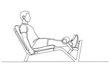 Continuous Line Drawing of a leg extension exercise on machine isolated on white background for quadriceps muscle workout