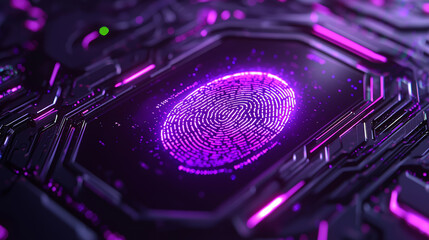 Futuristic fingerprint design on digital circuit board, showcasing vibrant purple hues and intricate patterns. This represents advanced technology and security in cashless society