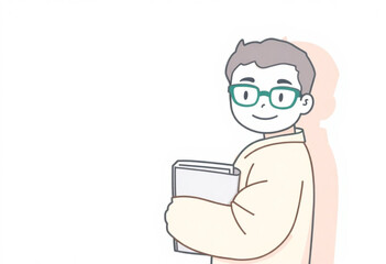 Garoto de &oacute;culos segurando livro expressando felicidade.