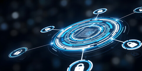 Digital security network with interconnected glowing locks and abstract data flow