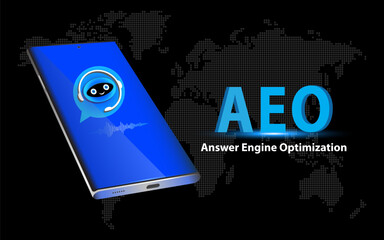 Smartphone with AI-powered answer engines, voice assistants, chatbot, and digital marketing strategy. Answer Engine Optimization Concept.