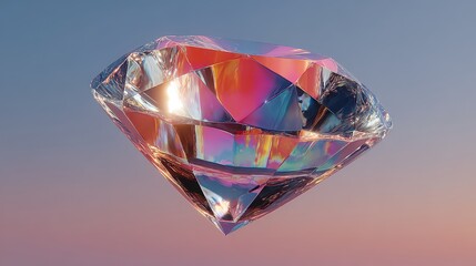 Iridescent diamond floats against gradient background, catching and refracting light, displaying vibrant color spectrum