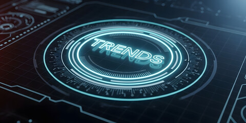Futuristic neon circle with the word trends in the center