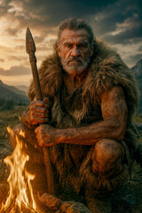  AI-generated image of a prehistoric caveman crouching by a fire at sunset.