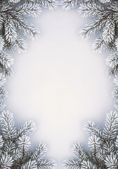 Frosted pine branches frame a soft white background