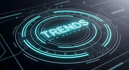 Futuristic digital interface displays the word trends