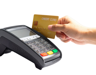 Angled Side View of POS Machine with Contactless Credit Card Tap, Isolated on White Background