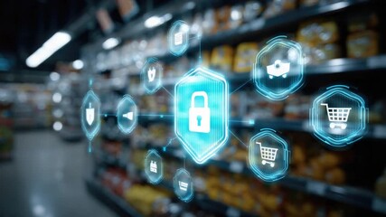 Secure online shopping in supermarket aisle - Powered by Adobe