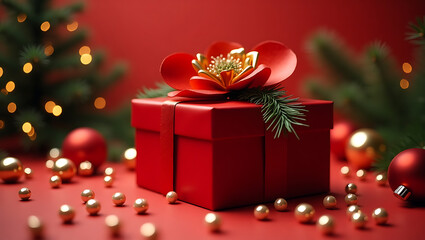 A red box with a gold flower on top sits on a red background