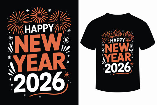 Happy new year 2026 t shirt design with fireworks and festive typography - Powered by Adobe