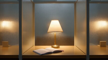 A quiet library study carrel with frosted partitions is softly lit by a desk lamp, a closed notebook and pencils resting on the desk.
