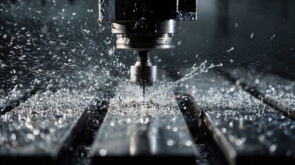 Coolant spray from a CNC milling machine sparkles in the light as aluminum chips scatter.