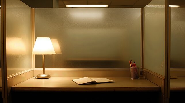 A quiet library study carrel with frosted partitions is softly lit by a desk lamp, a closed notebook and pencils resting on the desk.
 - Powered by Adobe