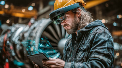Worker in a manufacturing plant using augmented reality technology for inspection or maintenance