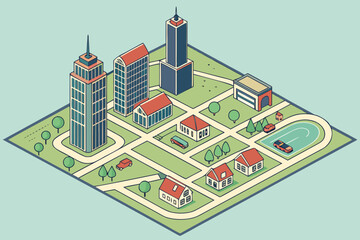 Naklejka premium Isometric illustration of a city map with buildings, houses, and roads isolated on white background
