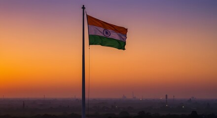 Indian flag waving at sunrise