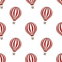 Seamless pattern of vintage hot air balloon, red and white, circus with basket, greeting card or birthday invitation, cute art for kids, hand drawn on transparent background. © 7nov.studio