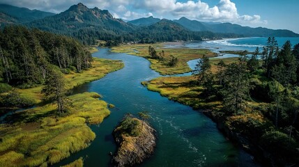 Estuaries where rivers meet the sea, rich in fish and birds, perfect for ecology, nutrient cycles, and environmental protection imagery